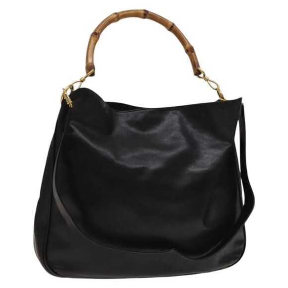 GUCCI Bamboo Shoulder Bag Leather 2way Black Gold 001 1781 1577 Auth 139169 - Picture 1 of 16